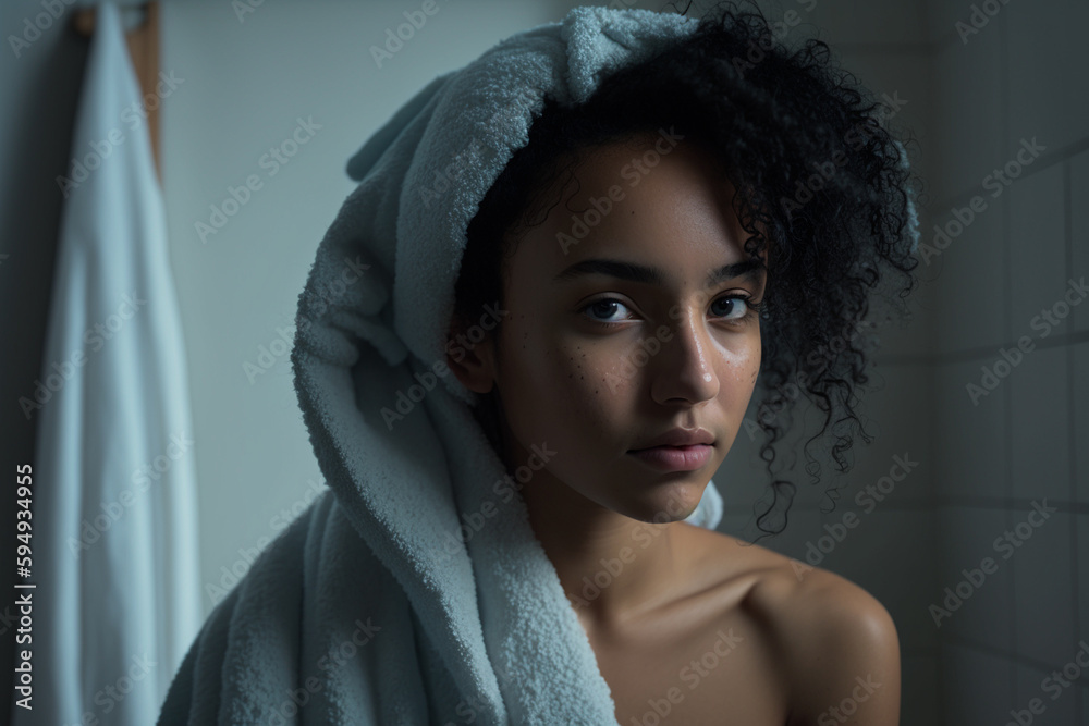 young woman, refreshed with bath towel after shower . Generative AI young woman, refreshed with bath towel after shower . Generative AI