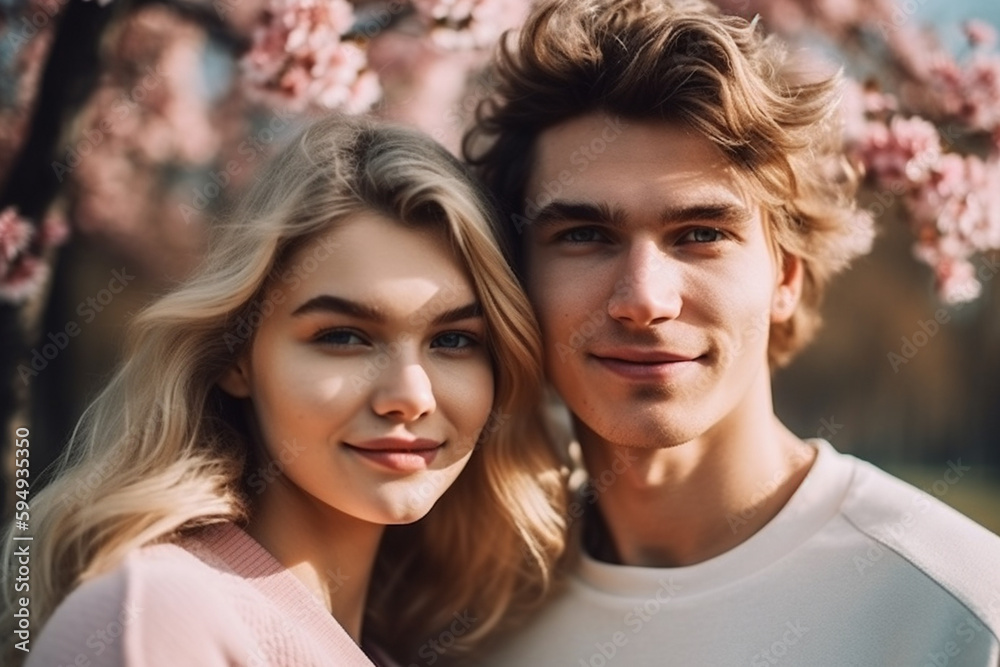 smiling beauty woman and handsome young adult man in close-up with spring background with pink sakura flowers in full bloom. Generative AI smiling beauty woman and handsome young adult man in close-up with spring background with pink sakura flowers in full bloom. Generative AI