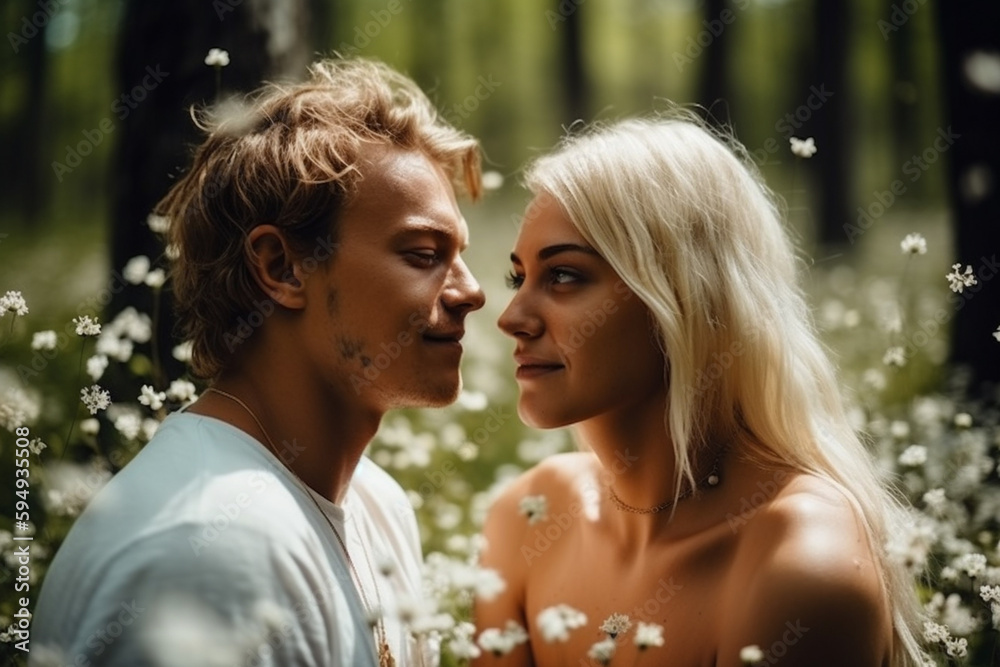 young couple or teenagers in nature, outdoors in the forest. Generative AI young couple or teenagers in nature, outdoors in the forest. Generative AI
