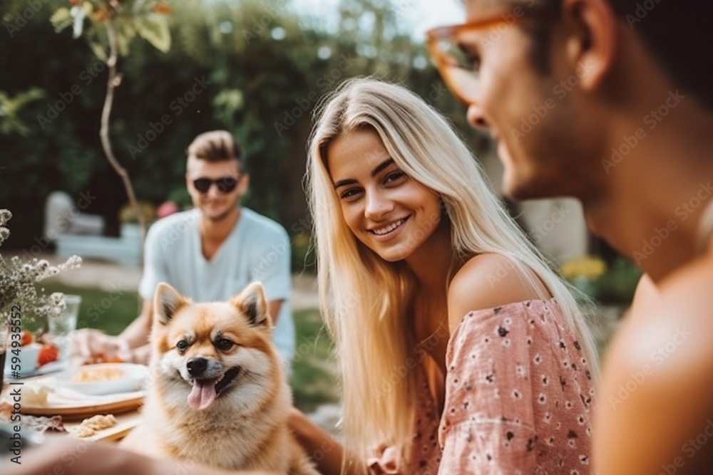 adult blonde woman in garden with friends or family. Generative AI adult blonde woman in garden with friends or family. Generative AI