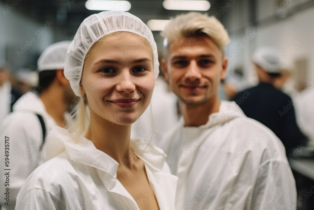 young woman and young man with blond hair in a production hall or room, manufacturing and job, fictional place. Generative AI