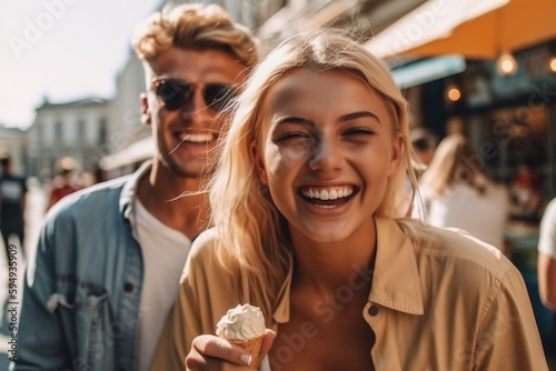 young adult woman and friend or boyfriend with ice cream and a big smile. Generative AI