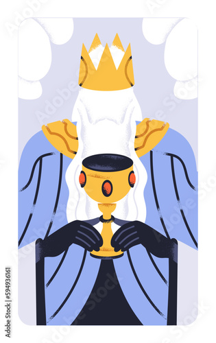 Crowned king leader with magic goblet. Majesty, authority, royalty concept. Royal unknown monarch with secret esoteric goblet cup in hand. Mysterious power. Conceptual flat vector illustration