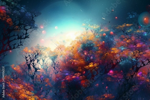 A fantasy world in enchanted fairy tale background, colorful space, digital art, creative, unique planet, Generative ai