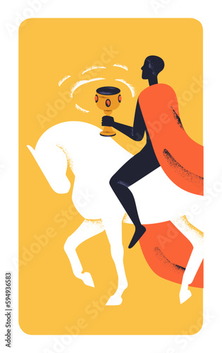 Mystic horse rider in mantle, sitting on horseback. Magic esoteric character with goblet cup of secret mysterious elixir. Magician riding stallion, vertical poster card. Flat vector illustration