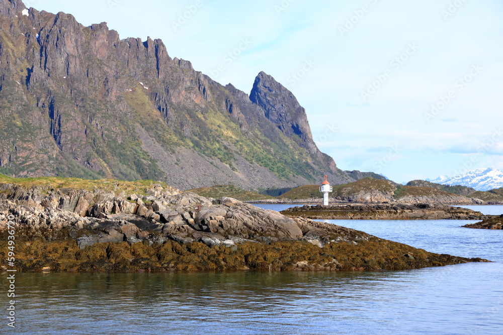 Fototapeta premium Mountains and fjords on Lofoten islands, Norway viewed from the boat