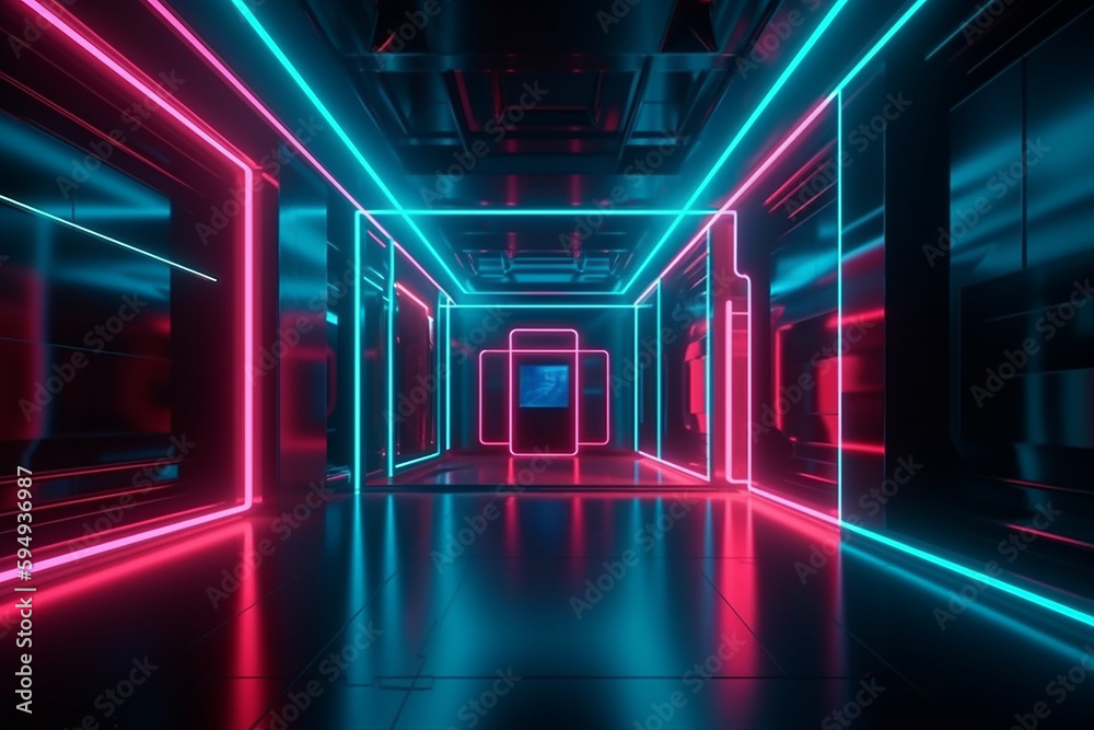 Abstract background neon lights with lines and a grid visuals technology Generative AI