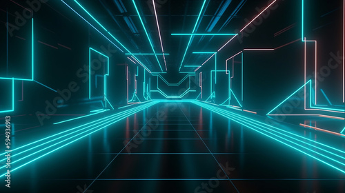 Abstract background neon lights with lines and a grid visuals technology Generative AI