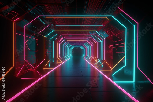 Abstract background neon lights with lines and a grid visuals technology Generative AI