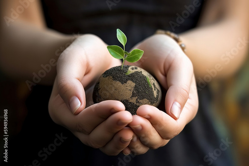 Hands of a woman with holding a earth globe with small plant. Earth care concept. Generative AI