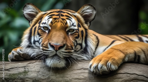Tiger Laying on Log in Forest  Tree Trunk  Resting in Bush - Generated AI