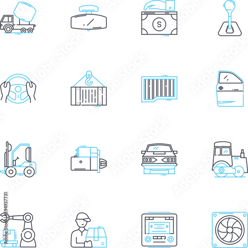 Transfer linear icons set. Exchange, Relocation, Shift, Movement, Transference, Migration, Passage line vector and concept signs. Transit,Transportation,Conveyance outline illustrations