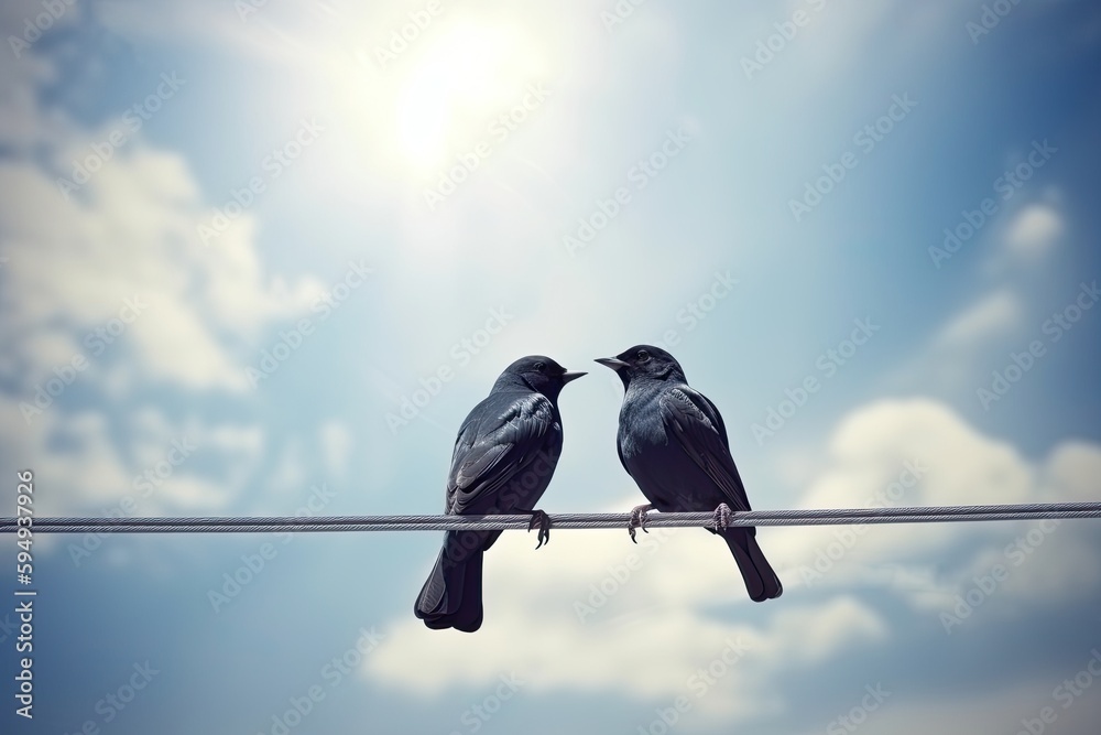 Couple birds on wire cable with blue sky background Couple birds on wire cable with blue sky background