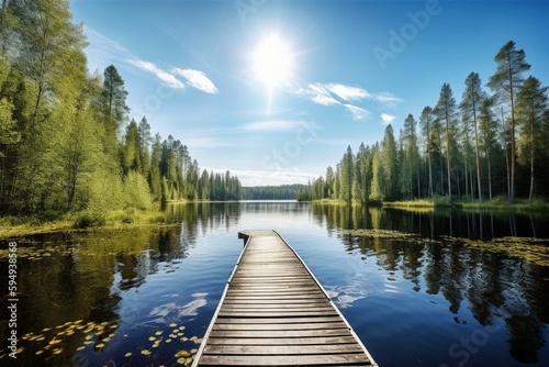 Traditional Finnish and Scandinavian view. Beautiful lake on a summer day and an old rustic wooden dock or pier in Finland. Sun shining on forest and woods in blue sky. Generative AI