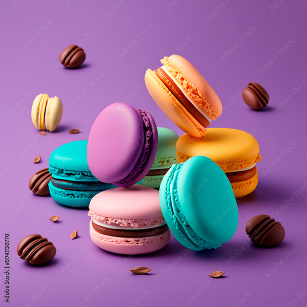 generated with AI: sweet coloured macaroons with a plain background