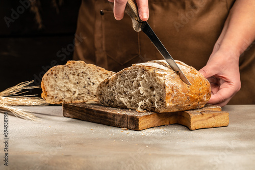 rustic crusty loaves of bread, Bakery, food concept. Top view