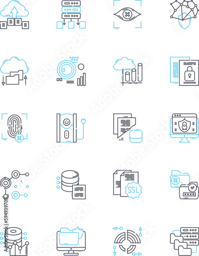 Investment portfolio linear icons set. Diversification, Allocation, Risk, Returns, Equities, Bonds, Real estate line vector and concept signs. Commodities,Asset,Portfolio outline illustrations