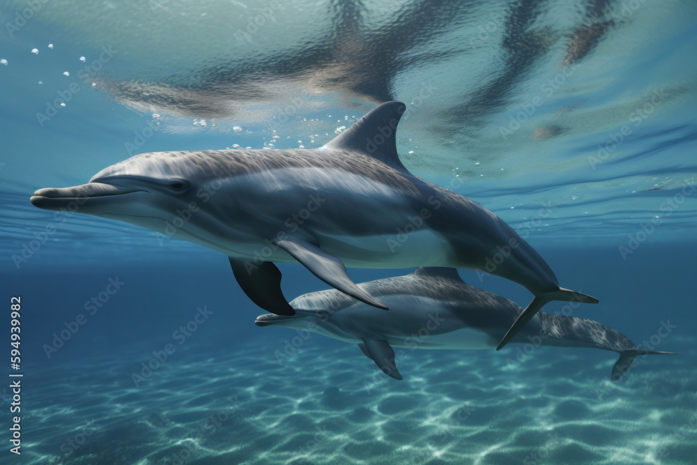 Obraz premium Adorable baby dolphin swimming alongside its mother in crystal-clear waters on World Oceans Day, showcasing the beauty and biodiversity of our planet's marine ecosystems. AI Generative