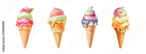 Ice cream watercolor set. Realistic summer ice cream cone, strawberry, orange, chocolate in vintage style isolated on white background. Vector illustration