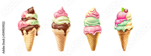 Ice cream watercolor set. Realistic summer ice cream cone, strawberry, orange, chocolate in vintage style isolated on white background. Vector illustration