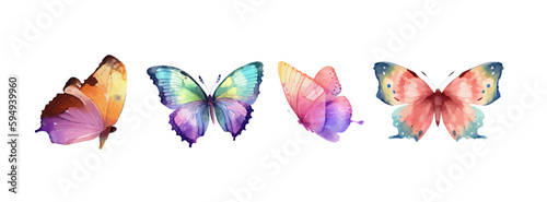 Colorful butterflies watercolor isolated on white background. Pink, green, brown, yellow butterfly. Spring animal vector illustration