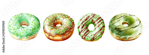 Watercolor Delicious Donuts Collection. Vintage sweet dessert food for birthday. Doughnut clipart vector illustration