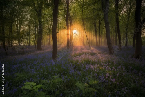 Amazing sunrise through Norfolk bluebell woodland. Generative AI