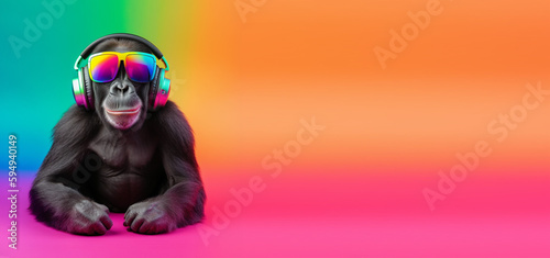 close up portrait of gorilla wearing glasses and headset, pleasant smile expression, listening to music concept happily, on colorful copy space background. generative ai © neng kokom komala