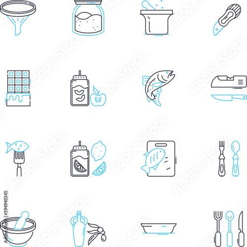 Domestic cooking linear icons set. Recipe, Stove, Oven, Cookware, Spices, Pantry, Utensils line vector and concept signs. Ingredients,Meal,Baking outline illustrations