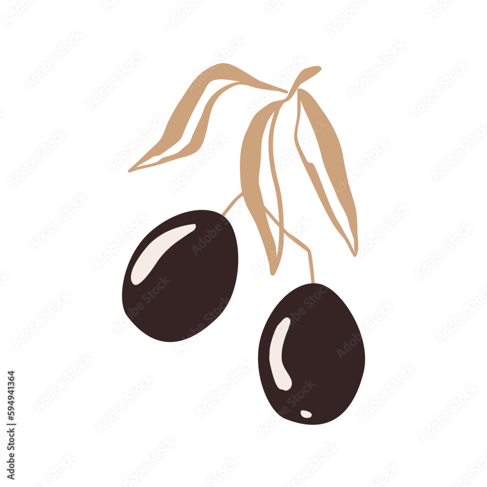 Olive Branch with two fruits and leaves, gold and black palette, doodle hand drawn style. Vector isolated Illustration, premium olive oil logo. Olive Branch with two fruits and leaves, gold and black palette, doodle hand drawn style. Vector isolated Illustration, premium olive oil logo.