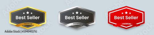 Best seller sticker label set with gold medal. Silver and red badge for product label.