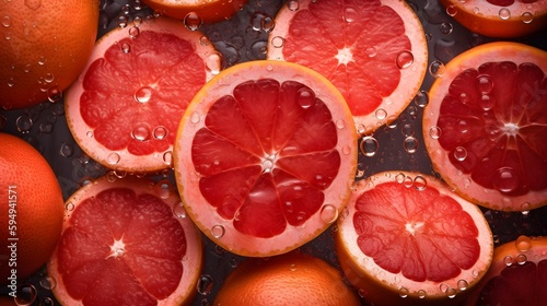 Fresh Grapefruit seamless background, adorned with glistening droplets of water. Top down view. Food Advertising photography. Commercial photography. Ai generative