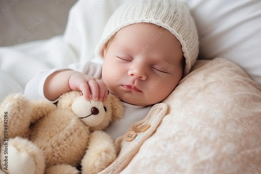 Cute newborn baby sleeps with teddy bear (Ai generated) Cute newborn baby sleeps with teddy bear (Ai generated)