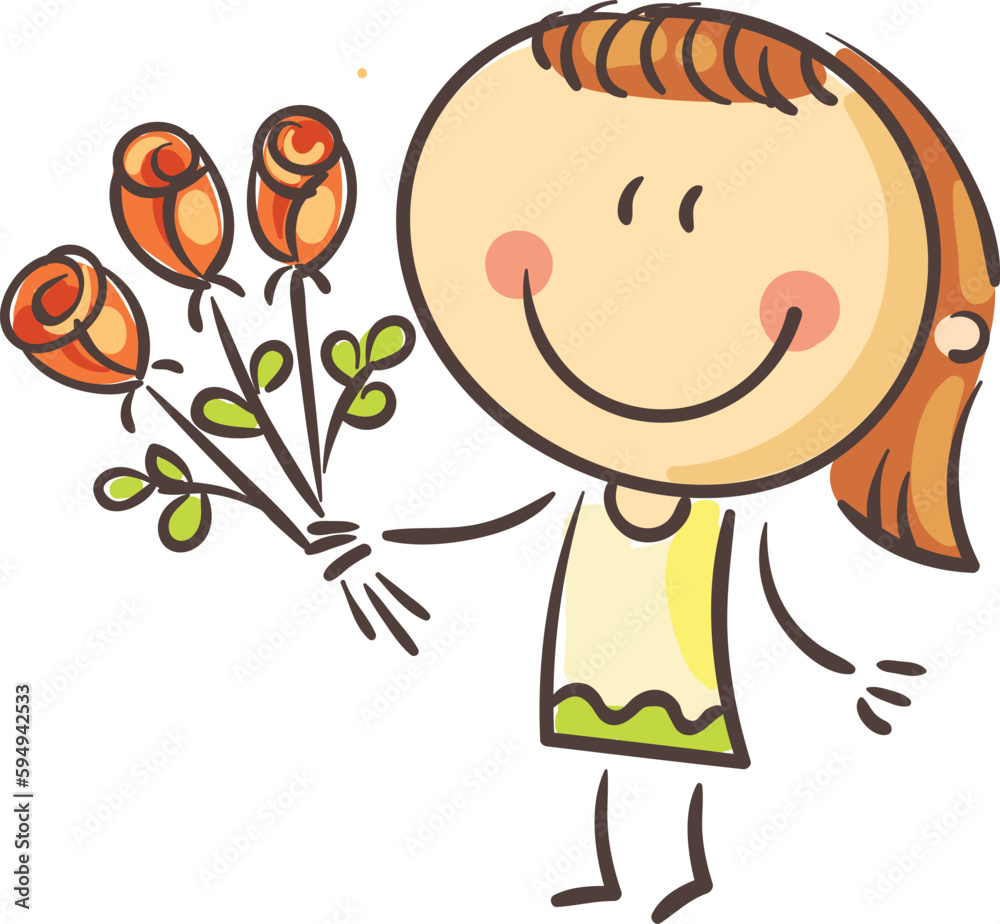 Cartoon happy girl with bouquet of roses, smiling kid congratulate with celebrate event, vector illustration Cartoon happy girl with bouquet of roses, smiling kid congratulate with celebrate event, vector illustration