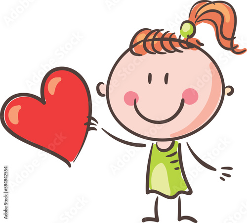 Cartoon smiling girl holding heart, valentine day clipart, happy kid vector i...