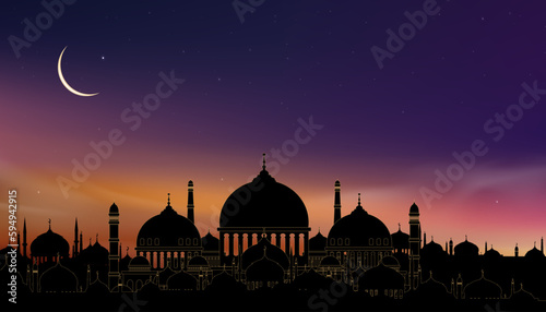 Eid Mubarak card, Ramadan card with Mosques dome,Crescent moon on blue sky background, Ramadan Night with twilight dusk sky for Islamic religion,Eid al Adha,Eid al fitr,Ramadan Kareem
