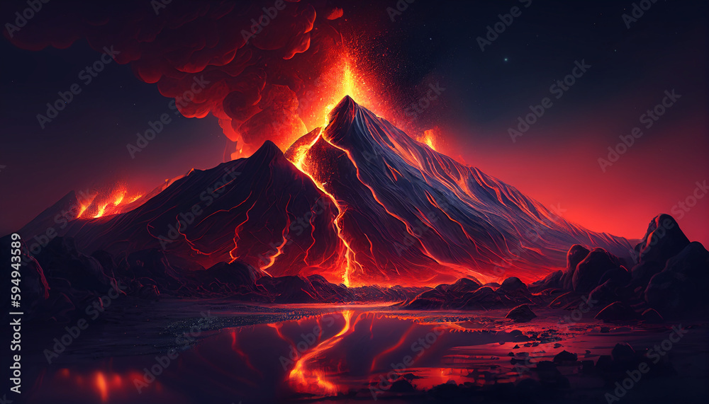 Illustration painting of a night landscape with volcano eruption, Generative AI