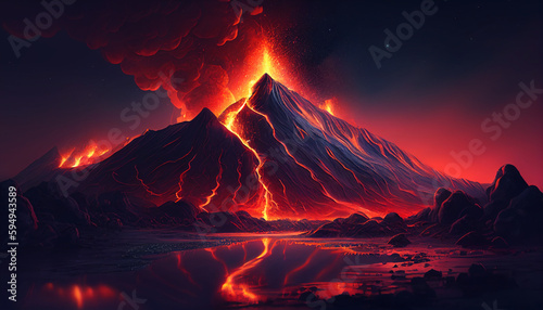 Illustration painting of a night landscape with volcano eruption, Generative AI