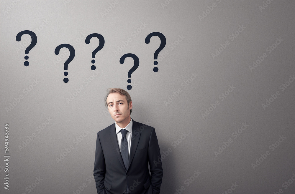 A businessman man is in thought, standing against a gray wall with question marks.. Generative AI. A businessman man is in thought, standing against a gray wall with question marks.. Generative AI.