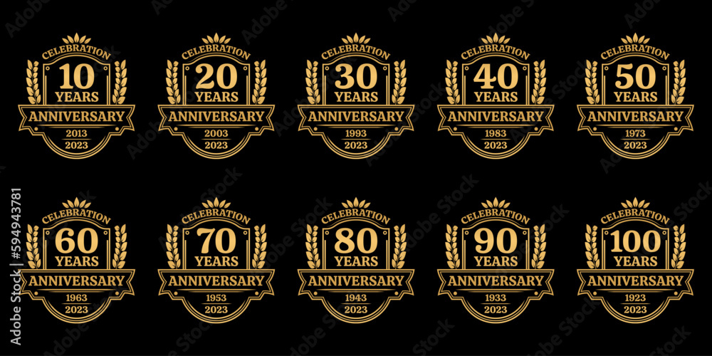 10, 20, 30, 40, 50, 60, 70, 80, 90, 100 years anniversary icon or logo. Vintage birthday banner design with laurel wreath. Anniversary celebration badge or label collection. Vector illustration. - obrazy, fototapety, plakaty 