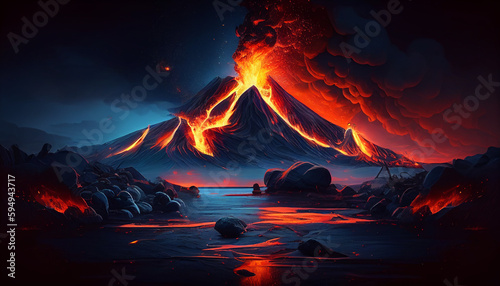 Illustration painting of a night landscape with volcano eruption, Generative AI