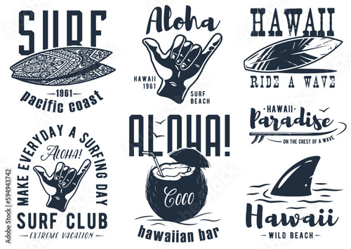 Summer surfing print set with surfer on wave. shaka, tiki mask and surfboard. Vector colored t-shirt hawaii apparel design