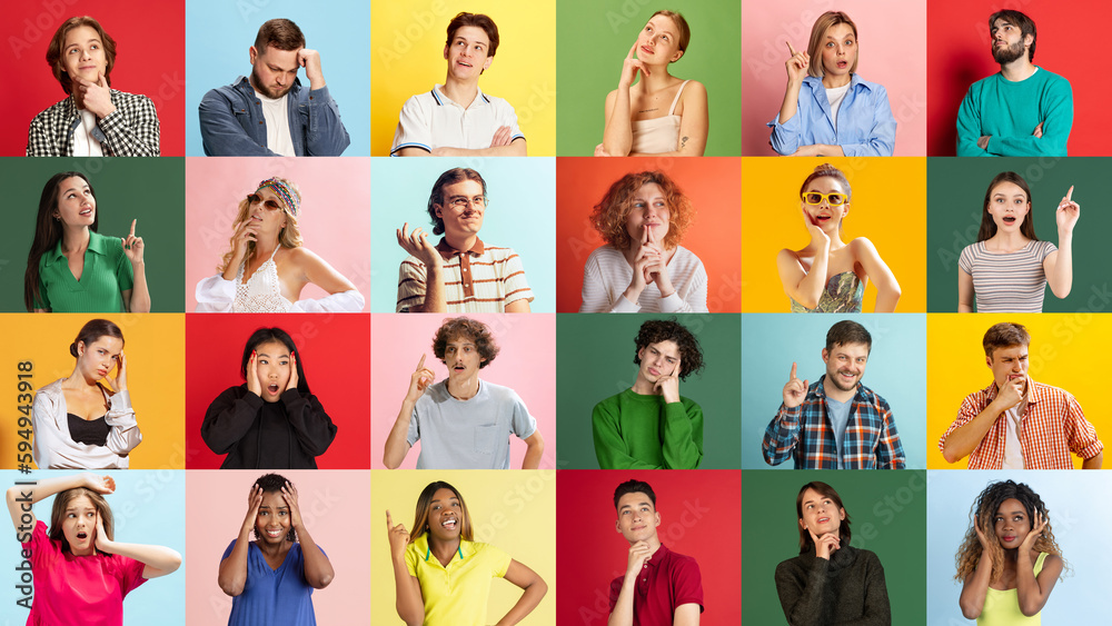 Φωτογραφία Collage of large group of ethnically diverse doubtful people, men and women expressing uncertain emotions over multicolored background