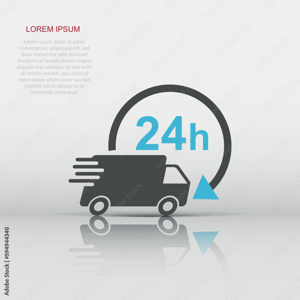 Vector delivery truck 24h icon in flat style. 24 hours fast delivery service shipping sign illustration pictogram. Car van business concept. Vector delivery truck 24h icon in flat style. 24 hours fast delivery service shipping sign illustration pictogram. Car van business concept.