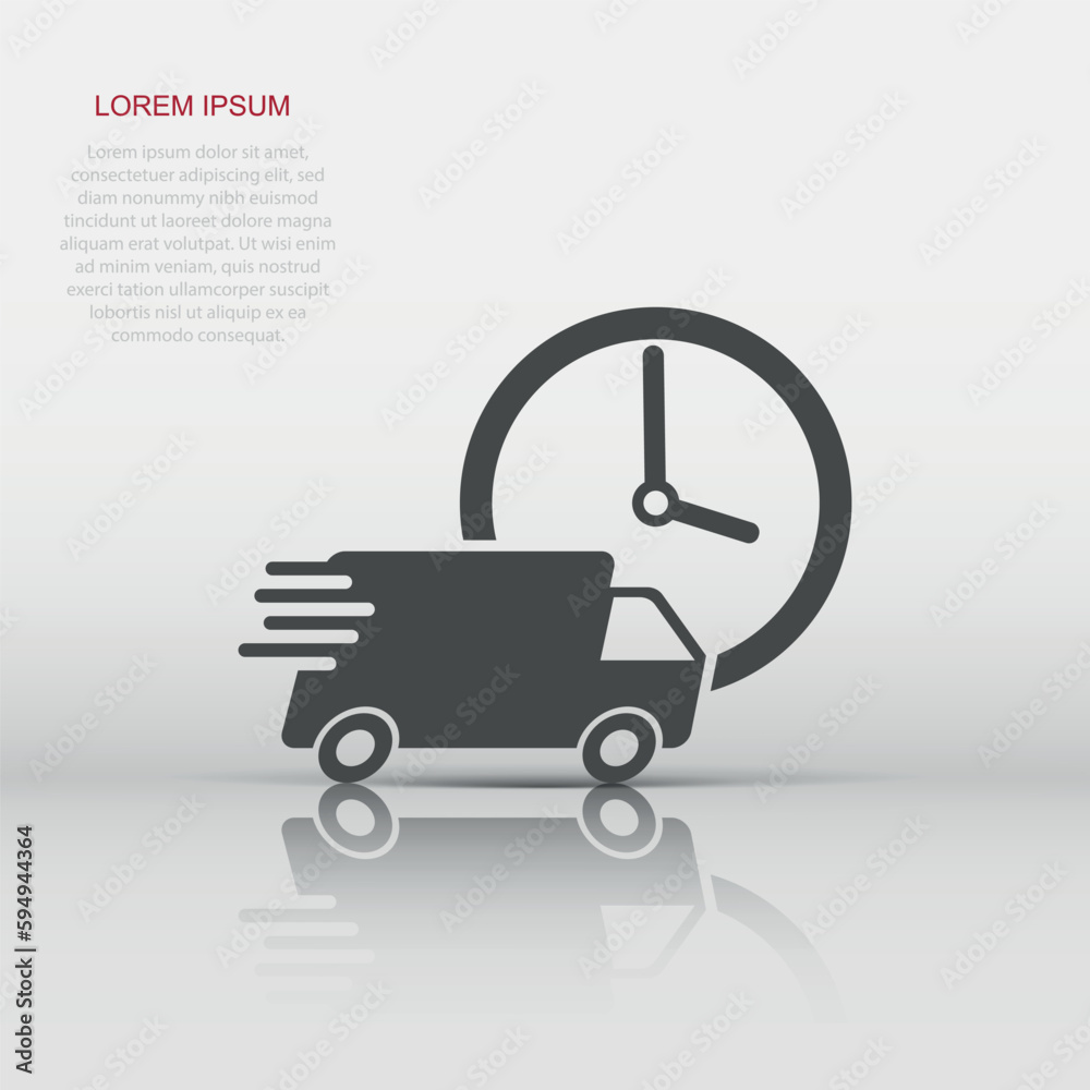 Vector delivery truck 24h icon in flat style. 24 hours fast delivery service shipping sign illustration pictogram. Car van business concept. Vector delivery truck 24h icon in flat style. 24 hours fast delivery service shipping sign illustration pictogram. Car van business concept.