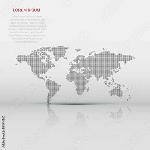 Dotted blank world map isolated on white background. Flat earth world map with round dots illustration.