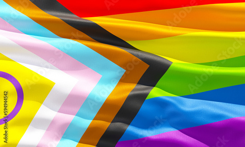 Progress Pride with intersex inclusion rainbow flag closeup view background for LGBTQIA+ Pride month, sexuality freedom, love diversity celebration and the fight for human rights in 3D illustration