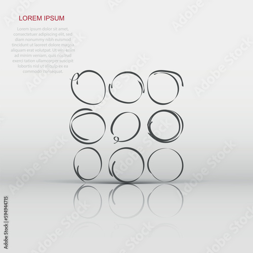 Vector hand drawn scribble circles icon in flat style. Sketch round label sign illustration pictogram. Circle business concept.