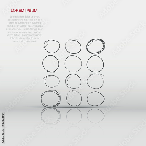 Vector hand drawn scribble circles icon in flat style. Sketch round label sign illustration pictogram. Circle business concept.