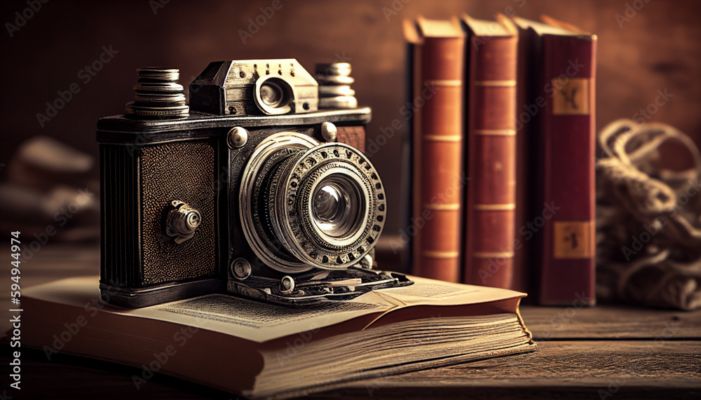 Old books with camera, old vintage camera on a wooden background with stacked books, Generative AI